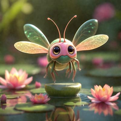 The primary subject of the image is a small, colorful, and cute green and pink insect, possibly a dragonfly or a similar creature, sitting on a lily pad in a pond. The setting is a serene pond with water and flowers, creating a peaceful and natural environment. The visual style of the image is a combination of photo and digital art, giving it a unique and artistic appearance. The colors and mood of the image are vibrant and cheerful, with the green and pink